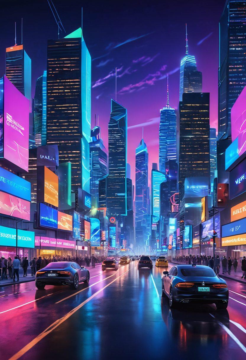 A futuristic landscape representing digital transformation, featuring a vibrant city skyline with holographic displays and innovative technology like drones and smart vehicles. Incorporate diverse people engaging with advanced devices, symbolizing collaboration and progress. The scene is illuminated by neon lights that reflect a sense of hope and change. super-realistic. vibrant colors. 3D.