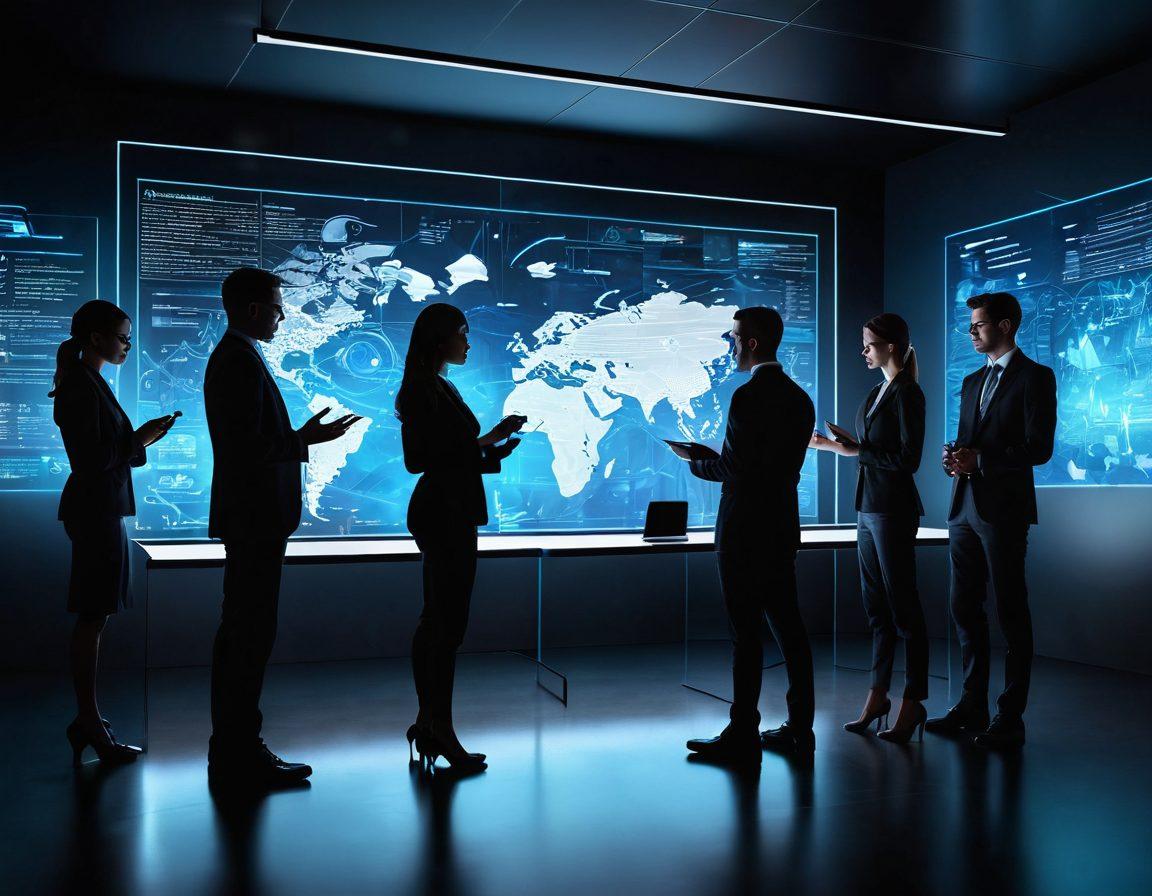 A dynamic scene showcasing a team of diverse experts collaborating around a futuristic holographic display, symbolizing the cutting-edge technology services provided by Sarenki. Integrate elements like circuit patterns and glowing data streams to reflect innovation. Set the background in a sleek modern office environment, emphasizing a blend of technology and teamwork. super-realistic. vibrant colors. 3D.