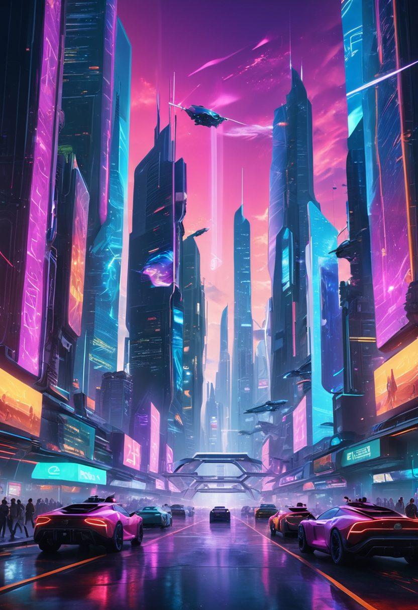 A futuristic city skyline with advanced technology, showcasing innovative structures and flying vehicles. In the foreground, a diverse group of individuals collaborates with holographic displays, symbolizing teamwork and innovation. Bright neon colors and dynamic light effects create a sense of progress and excitement. super-realistic. vibrant colors. cyberpunk.